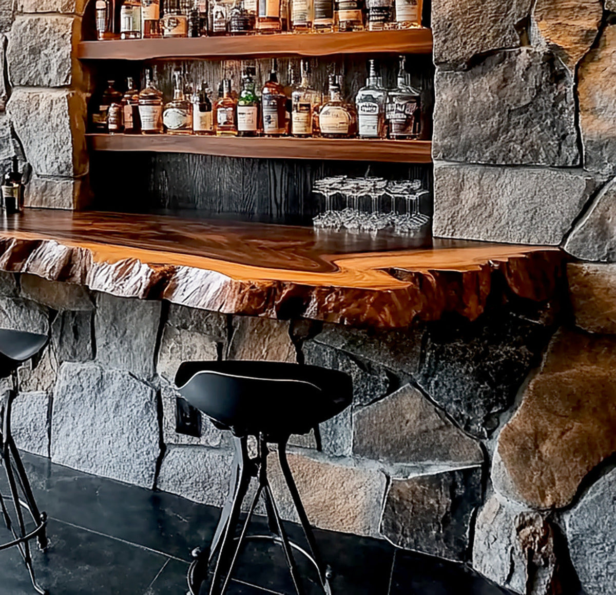 Rustic floating wine and whiskey display shelf