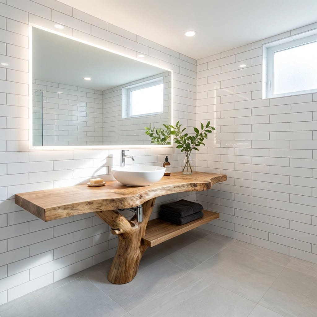 Rustic solid wood bathroom vanity with live edge detailing and carved tree branch support for stylish spaces