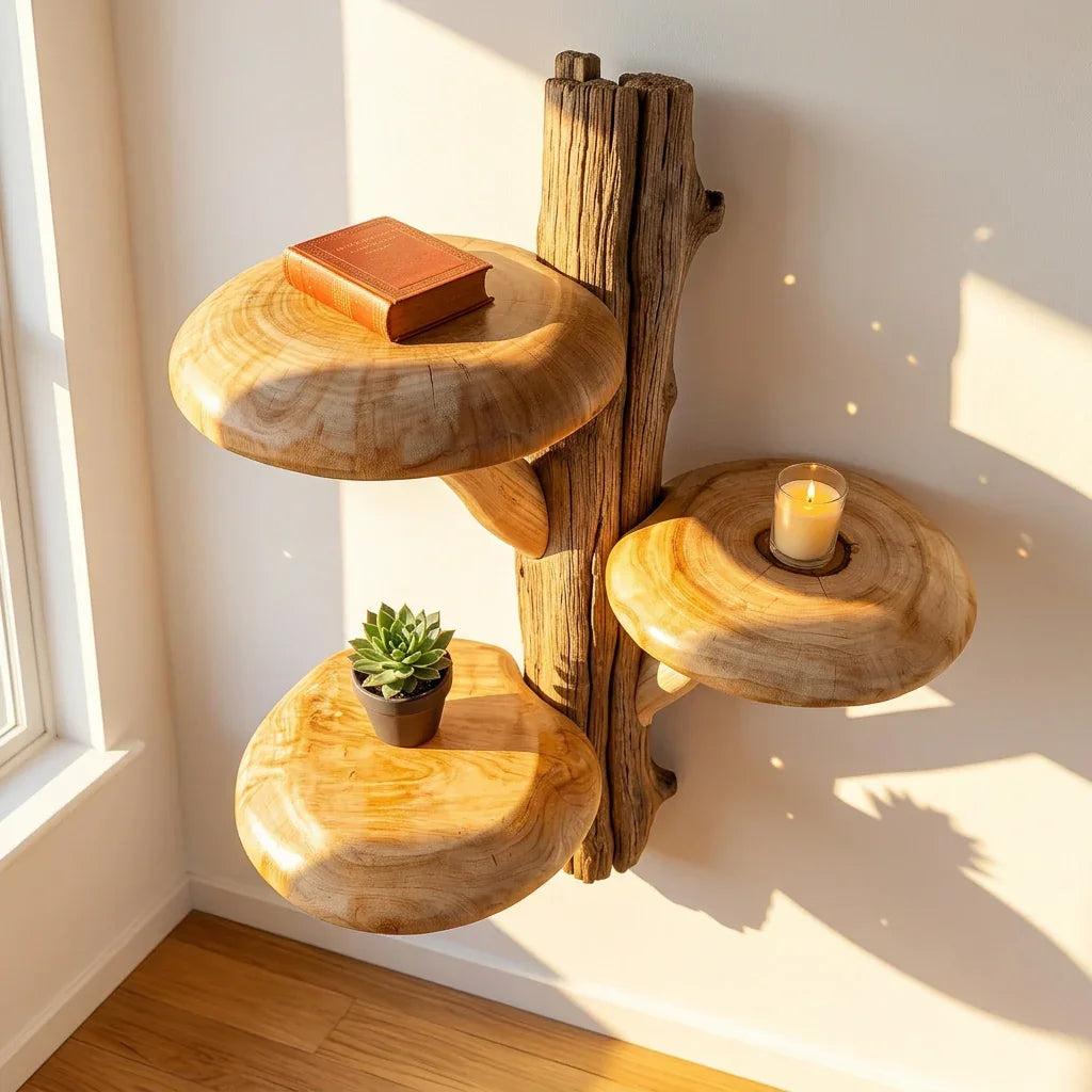 Rustic Mushroom Tree Wall Shelf with 3 Wide Caps and Raw Bark Trunk - Handcrafted Solid Wood, Thick Carved Stems, Handcrafted Solid Wood Floating Shelf for Living Room, Bedroom, Hallway - Ashdeco 2026