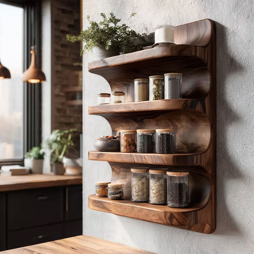 Handcrafted organic spice rack in solid wood with four-tier floating shelf design