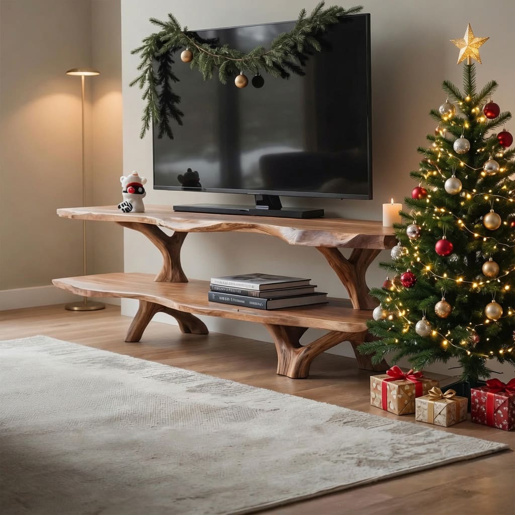 Sculptural Christmas live-edge TV stand in solid wood