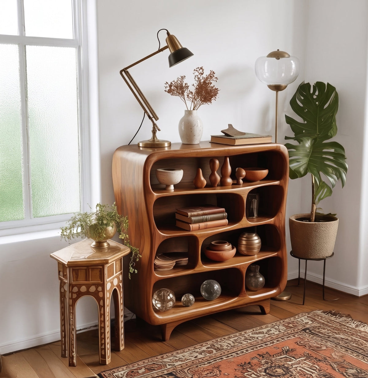 Handmade wood bookshelf for books and decorative display
