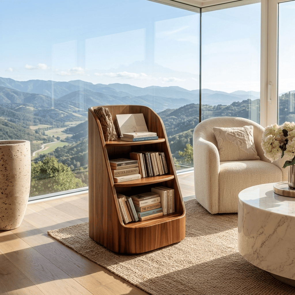 Solid wood magazine rack featuring a sculptural curved design for modern living room decor