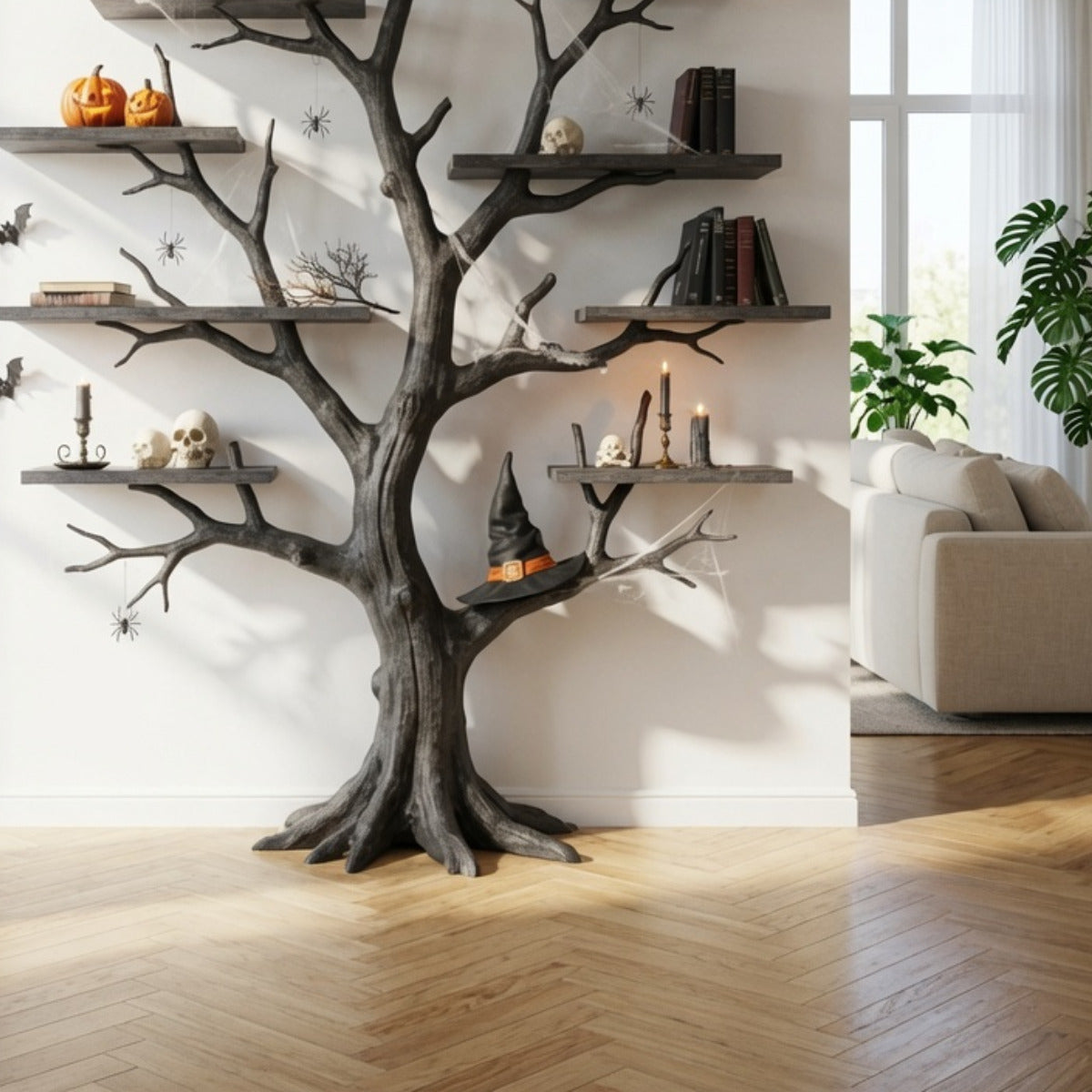 Handcrafted dark solid wood Halloween wall shelf