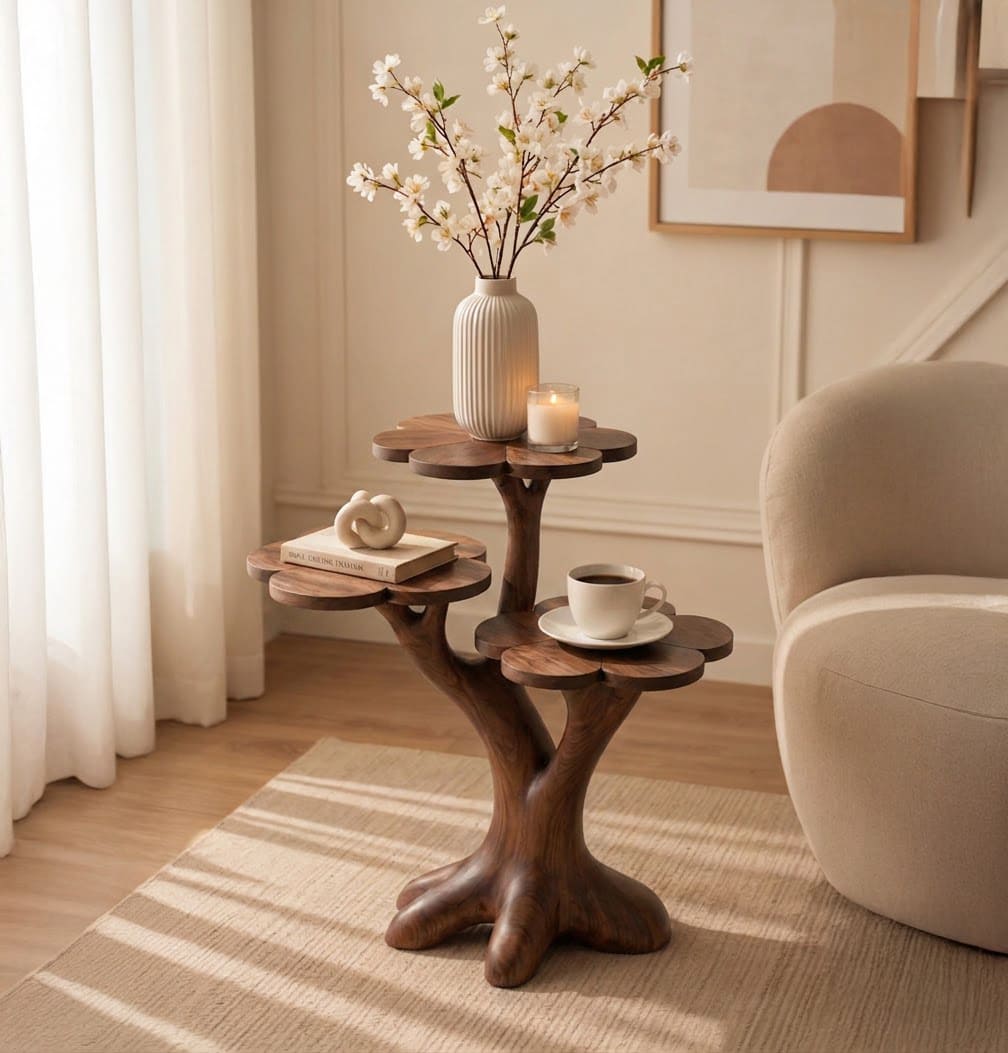 Sculptural solid wood end table with a three-tier petal design for contemporary home interiors