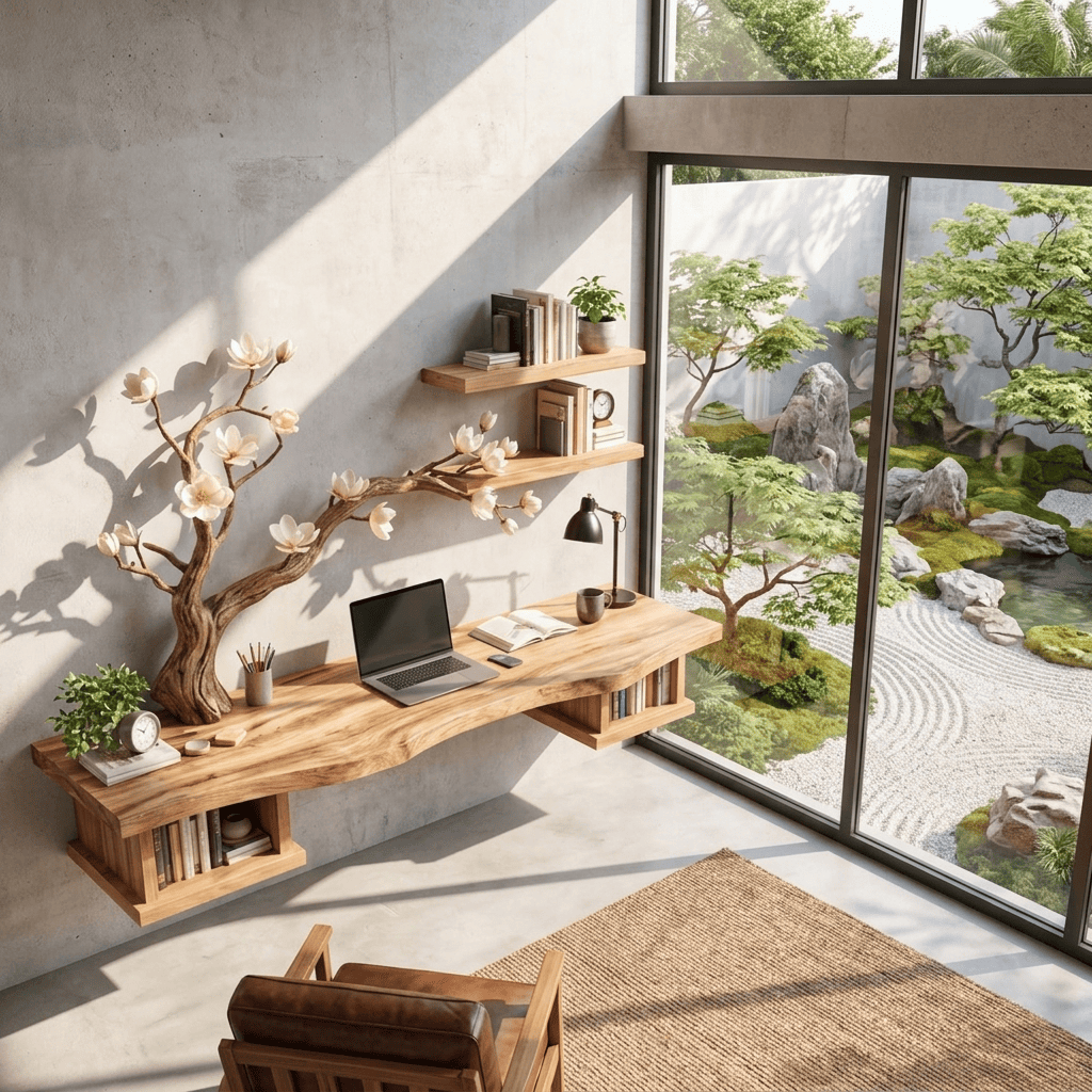 Sculptural solid wood blossom tree desk in a contemporary home office