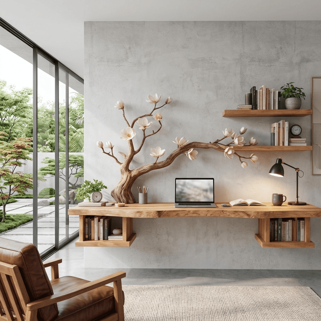 Organic solid wood branch desk displayed in a creative studio