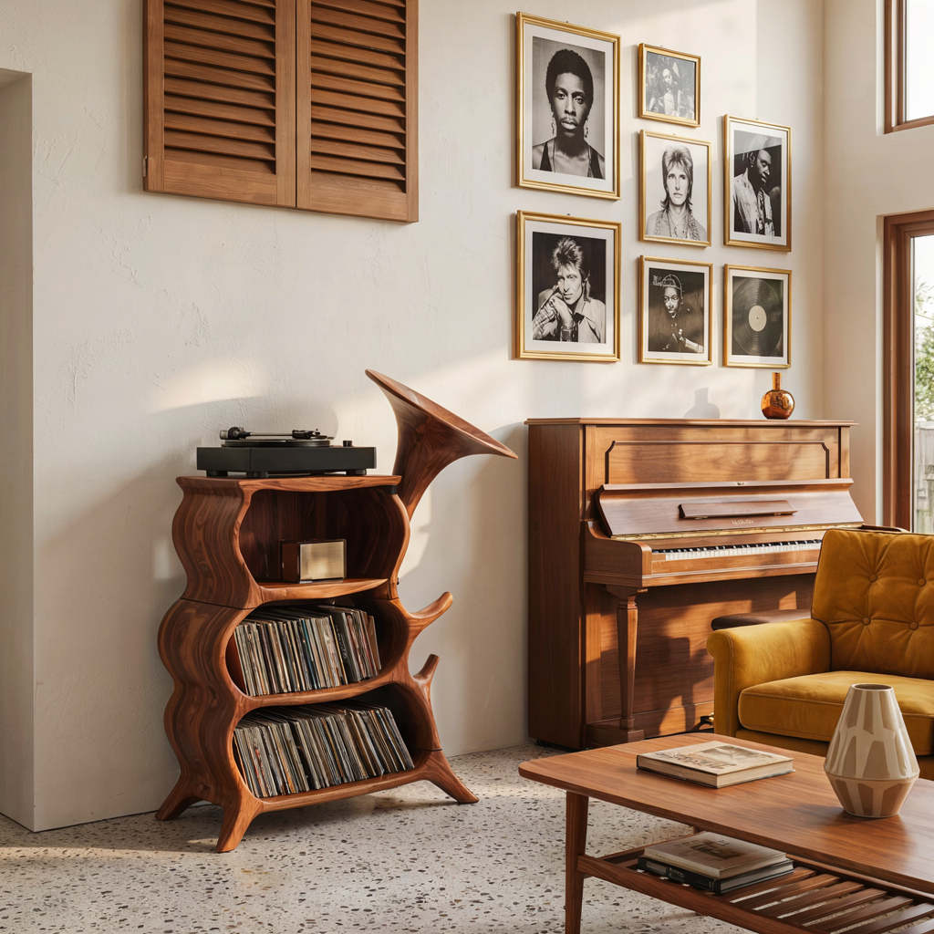 Sculptural Hand-Carved Solid Wood Gramophone Record Player Cabinet & Vinyl Console
