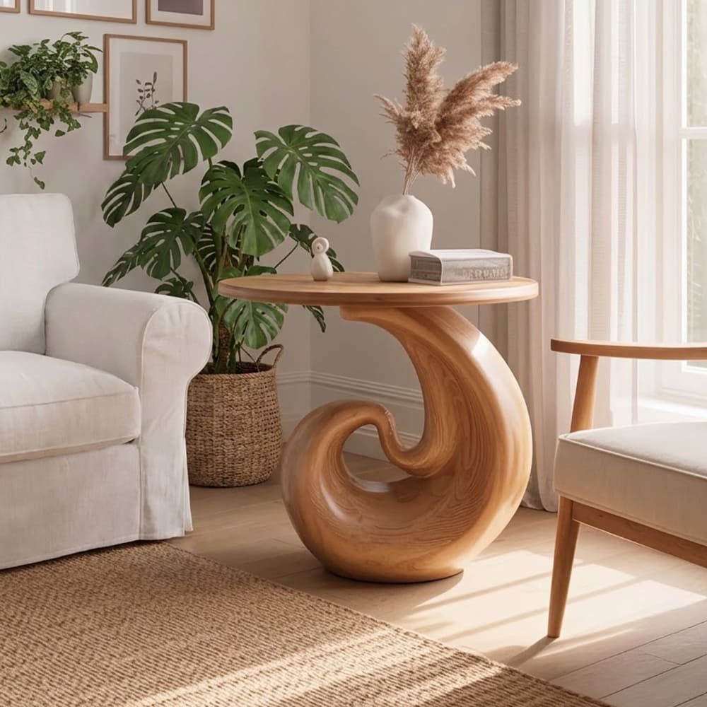 Sculptural solid wood side table showcased in an elegant home interior