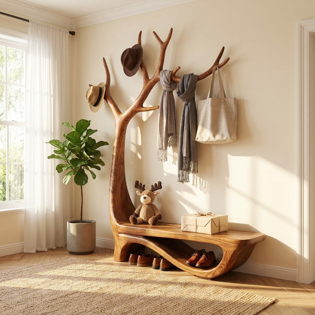 Hand-carved solid wood tree entryway bench with coat rack styled in a welcoming modern entryway