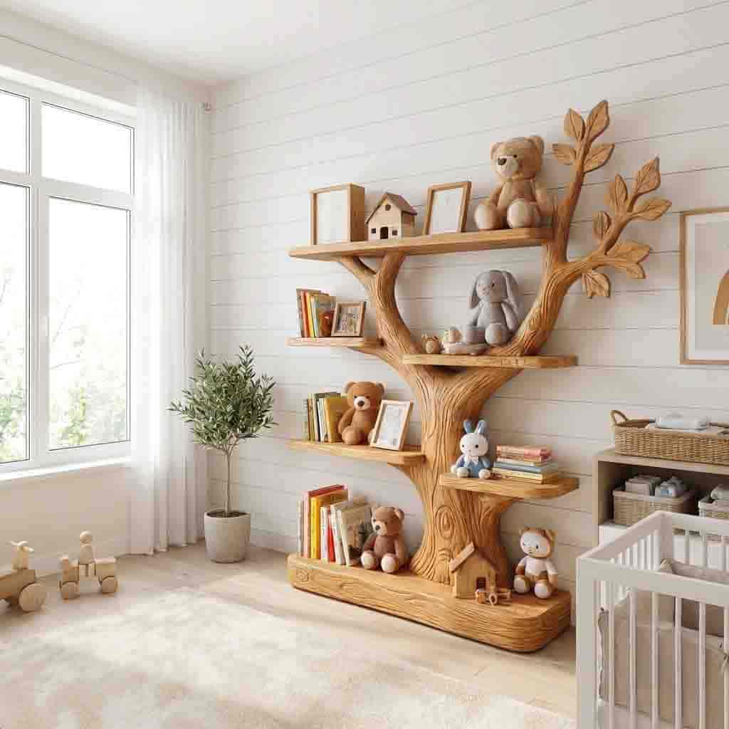 Sculptural solid wood kids bookshelf and display unit with organic branch detailing for nursery interiors
