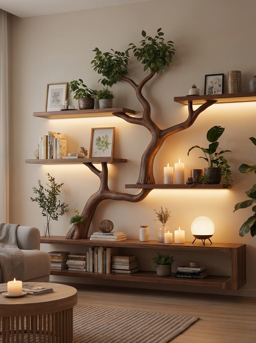 Hand-carved solid wood media console and display bookshelf system for modern entertainment areas