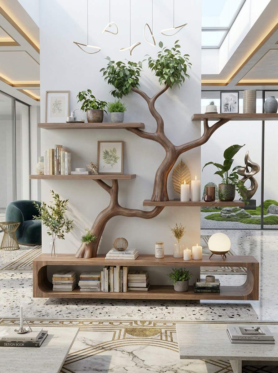 Sculptural solid wood wall bookshelf and media console with organic branch detailing for stylish living spaces