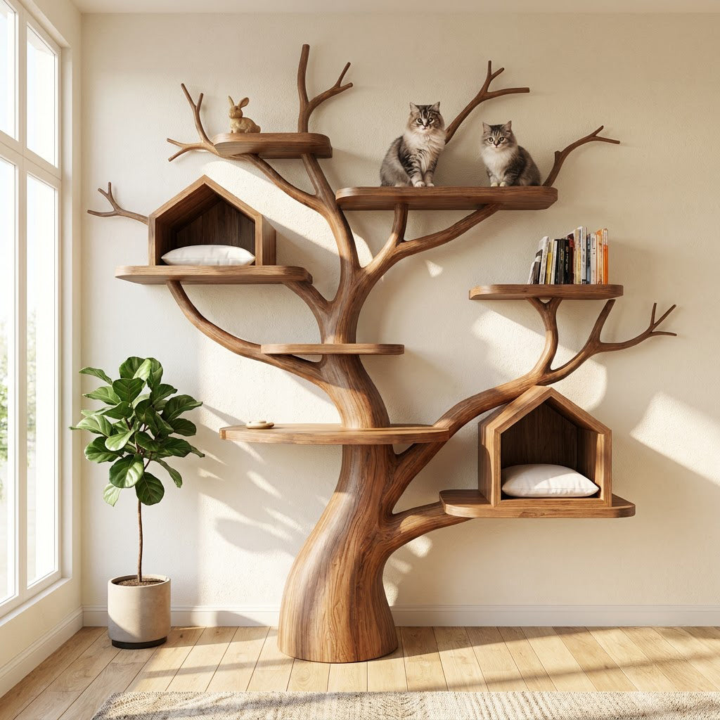 Hand-carved tree cat climbing tower in solid wood