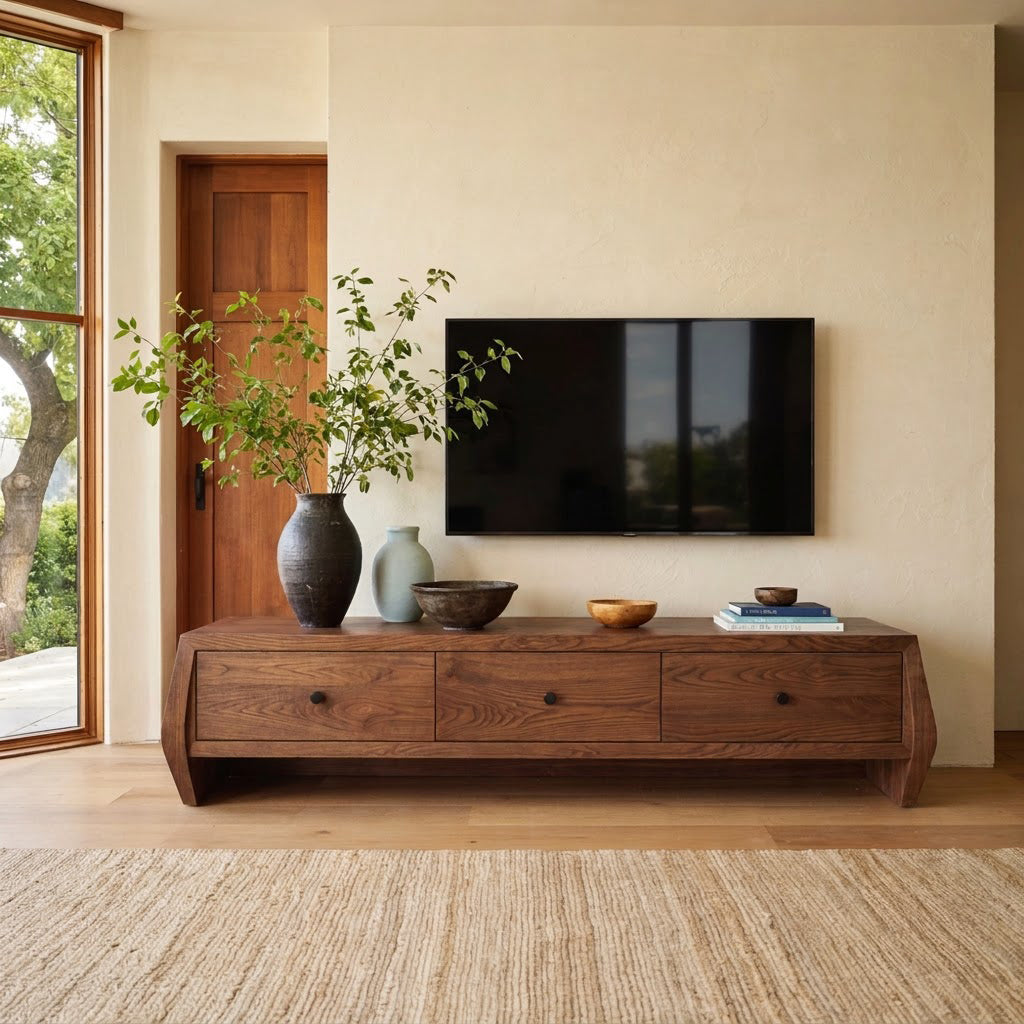 Sculptural solid wood TV console showcased beneath a wall-mounted television