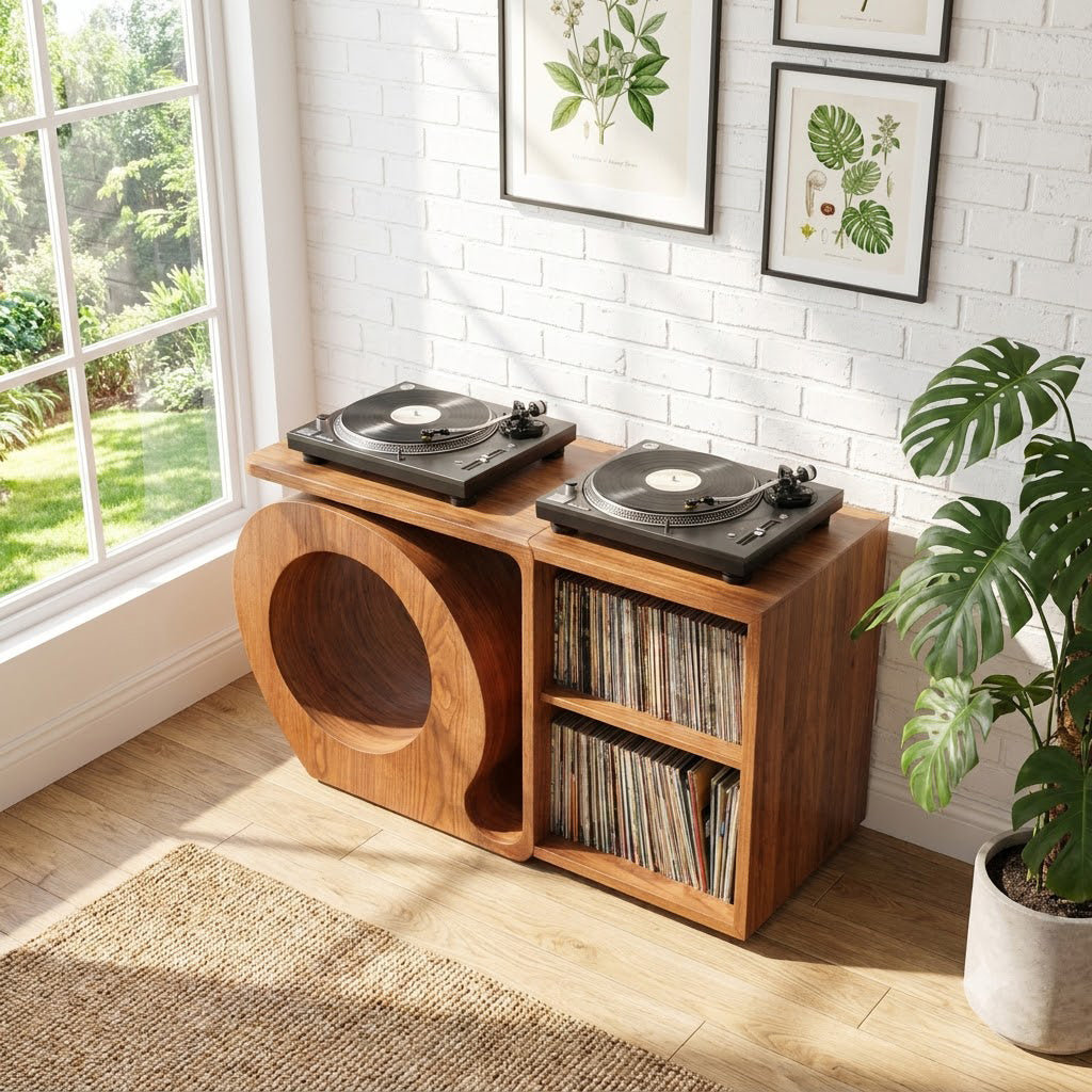 Sculptural vinyl record storage console in solid wood