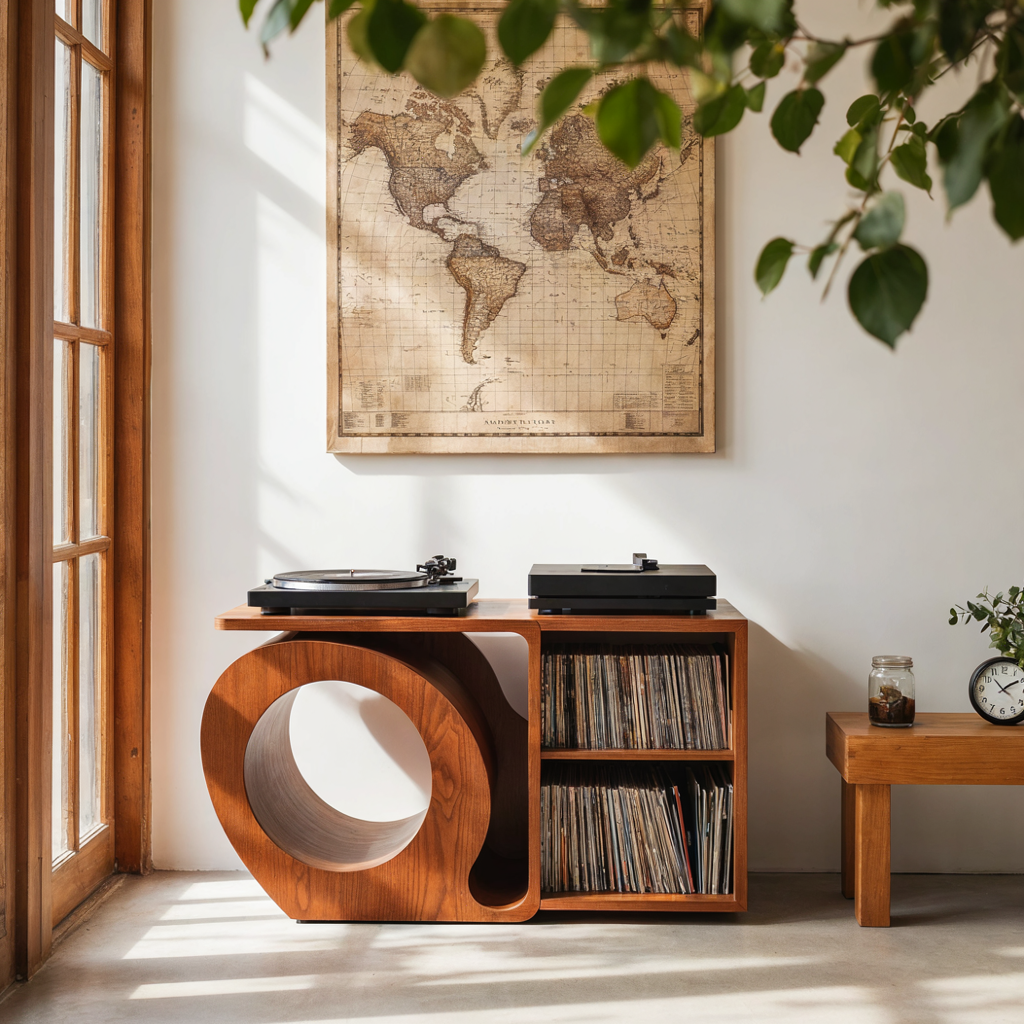 Handcrafted solid wood record storage cabinet styled in a modern listening room