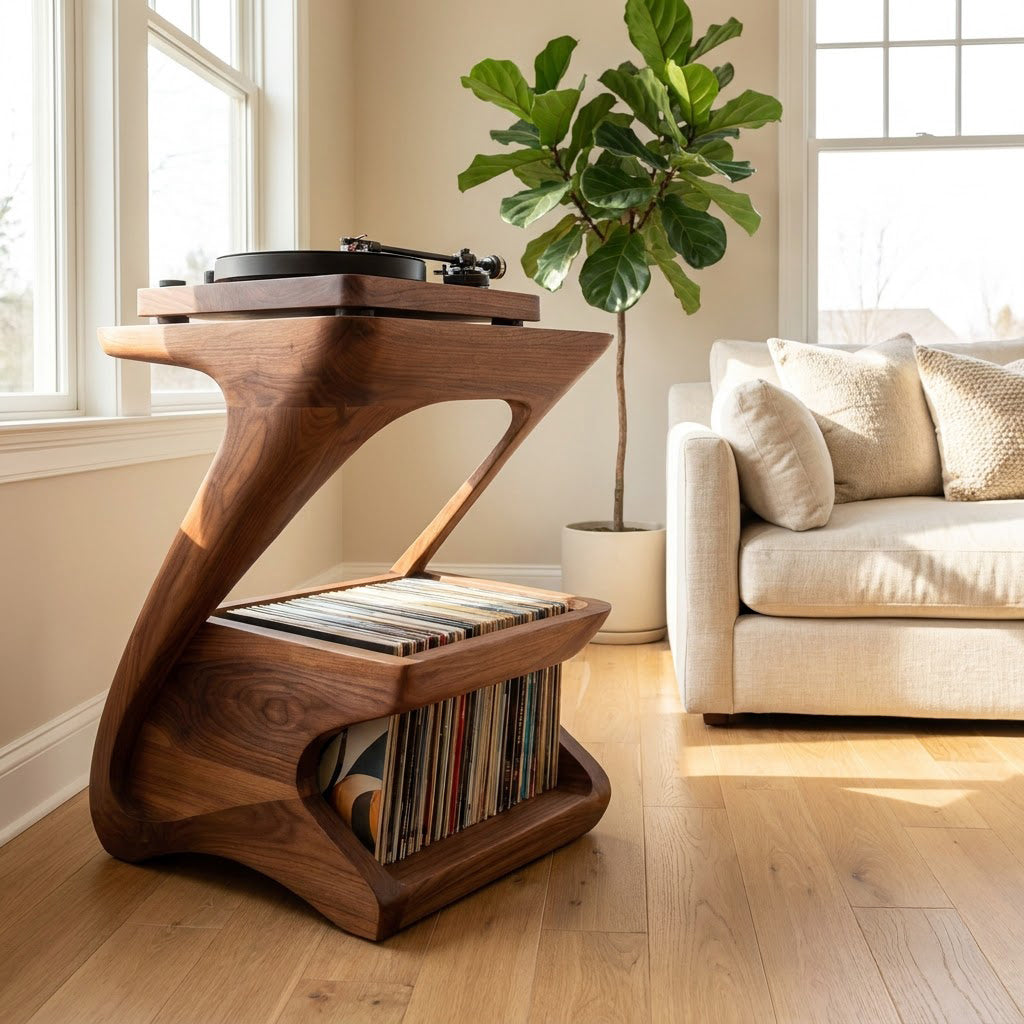 Artistic solid wood Z-shape vinyl storage rack enhancing a minimalist living room