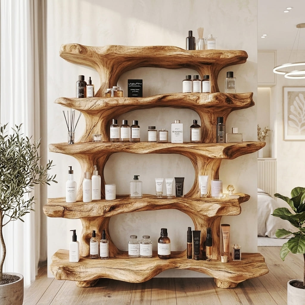 Organic live edge display stand combining artistic design and practical storage for beauty essentials