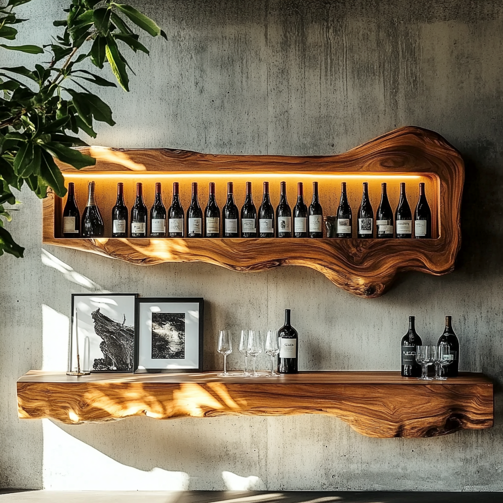 Modern wine rack shelf with sculptural wood silhouette