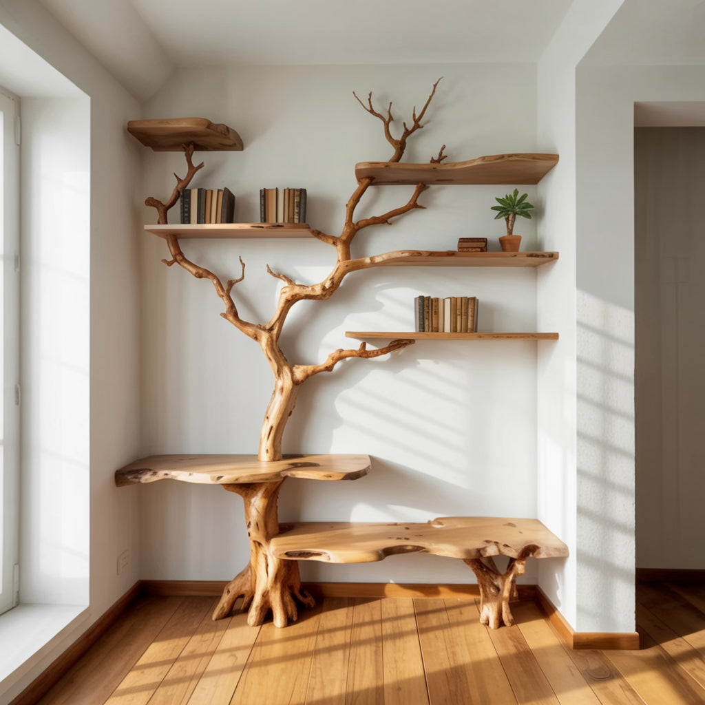 Solid wood tree bookshelf with wide lower benches on a wooden floor