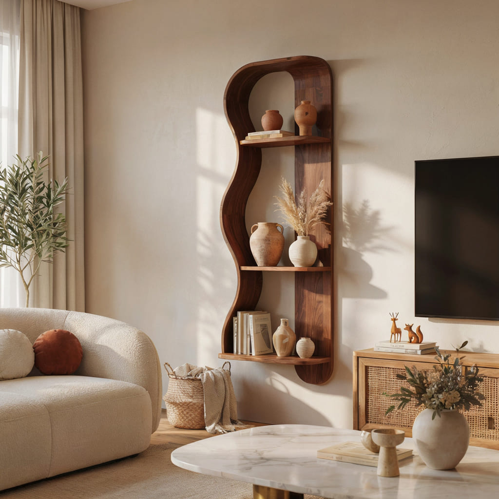 Display shelf solid wood sculptural organic wavy design for modern living room interiors