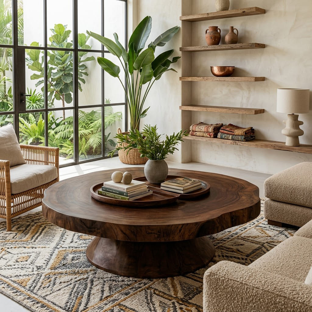 Sculptural solid wood live edge coffee table with a round top for elegant modern living rooms
