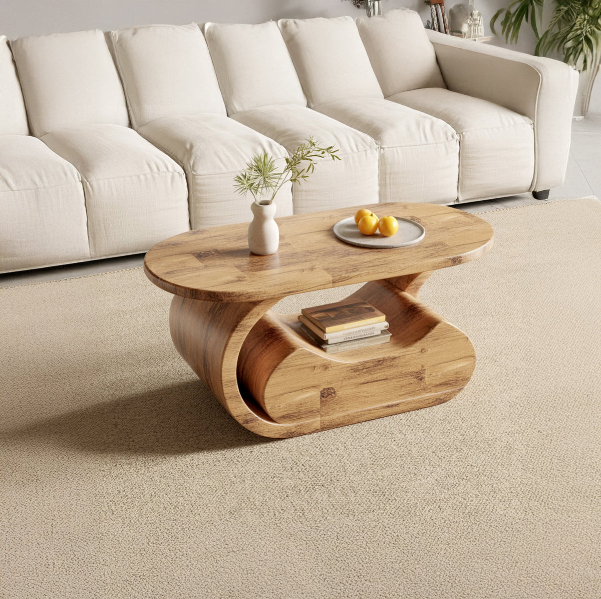 Sculptural solid wood coffee table with organic fluid form design