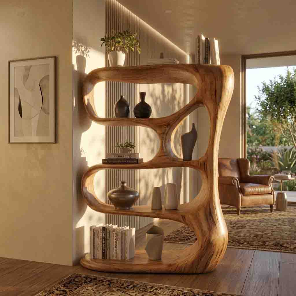 Sculptural solid wood hand-carved bookshelf in a contemporary living room