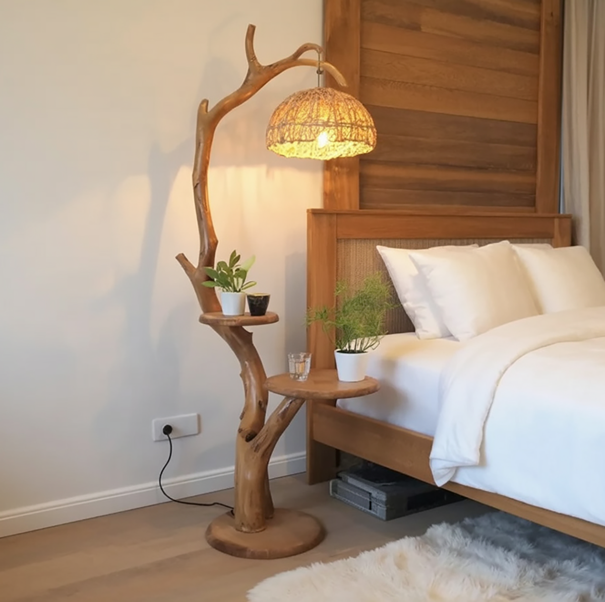 Sculptural tree branch floor lamp with side tables