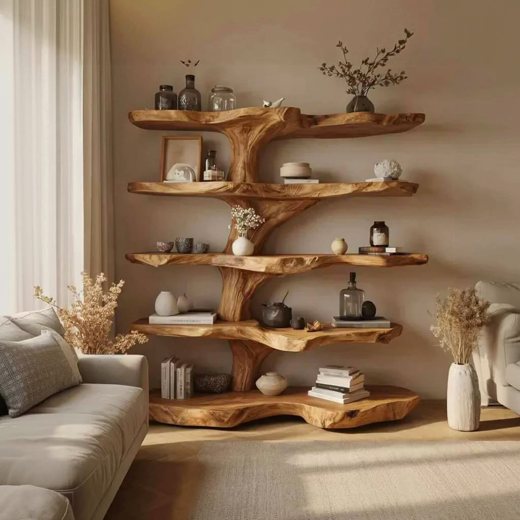 Organic natural wood display shelf in a contemporary reading nook