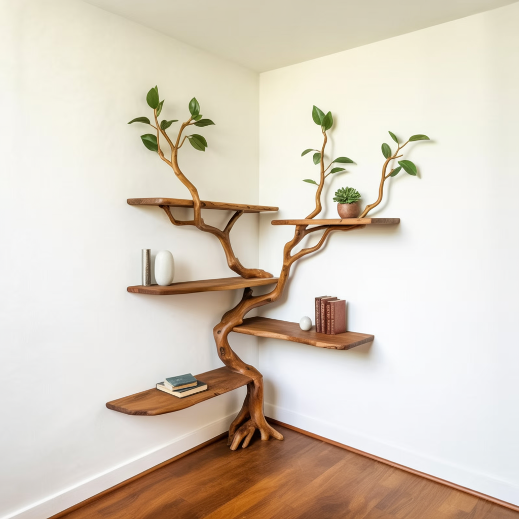 Solid wood corner tree bookshelf holding a vase, a succulent, and books