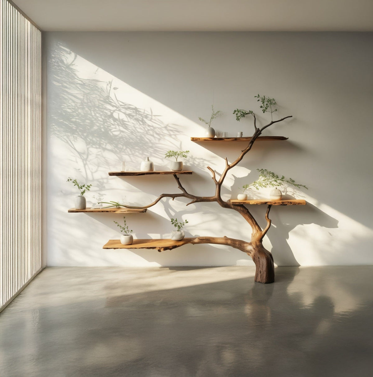 Handcrafted tree branch wall shelf mounted on white wall with ceramics