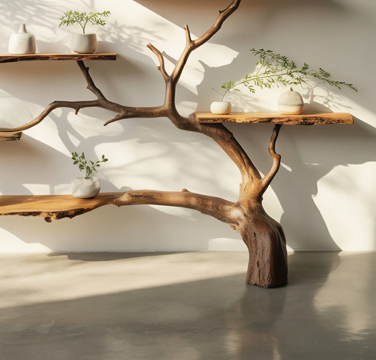 Tree bookshelf featuring organic wood design on a modern concrete floor