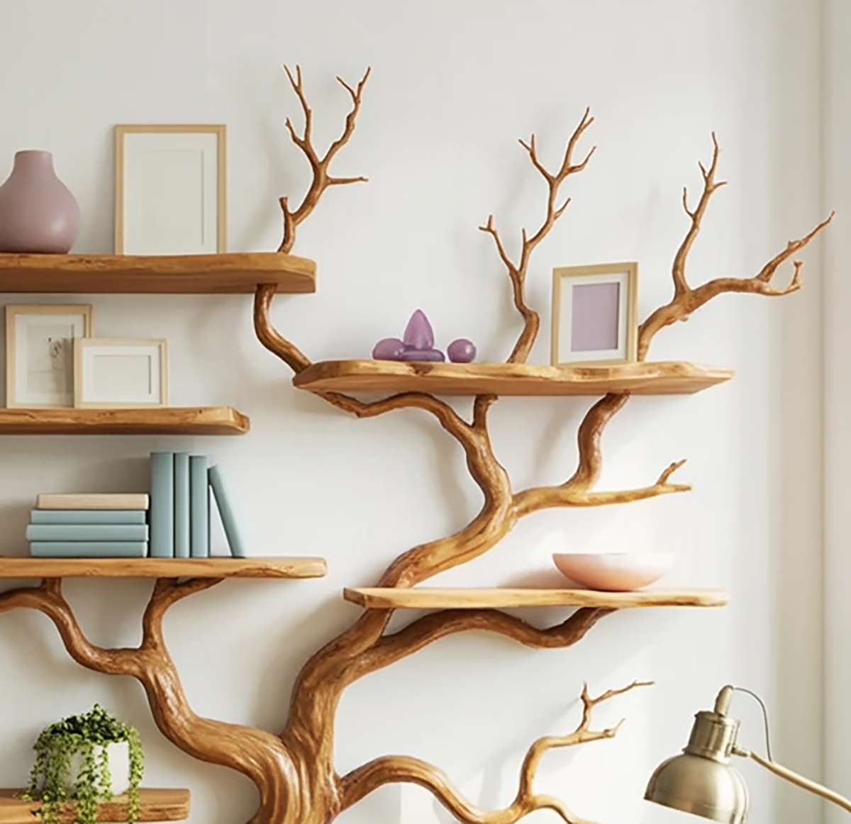 Wooden tree bookshelf surrounded by potted green plants in a cozy workspace