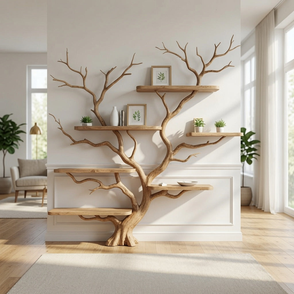 Organic modern tree bookshelf crafted from natural hardwood