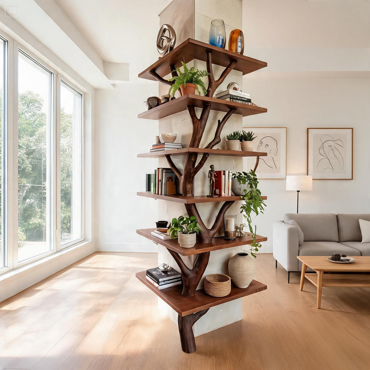 Artistic tree branch bookcase made from premium wood
