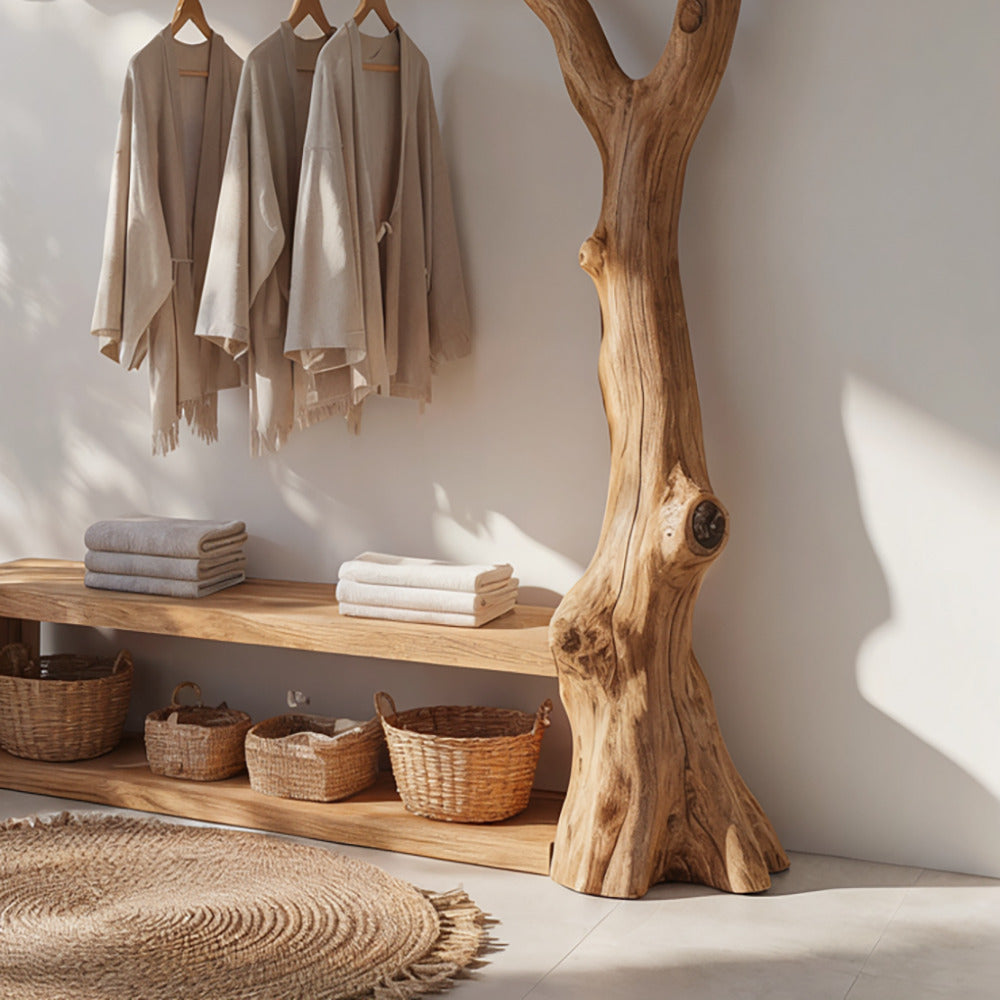 Artistic solid wood coat rack with integrated bench