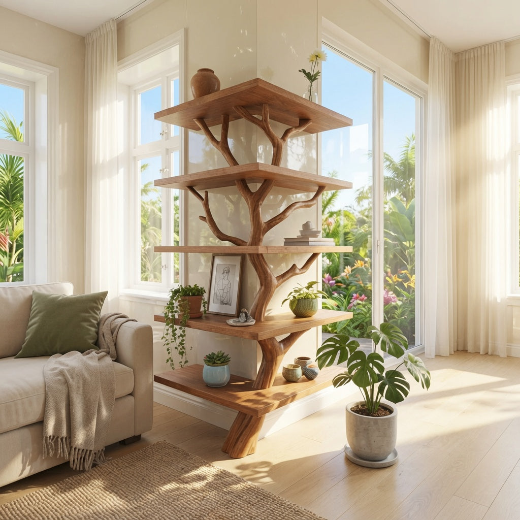 Sculptural wooden corner display shelf adding character to a living space