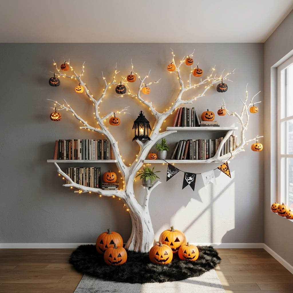Sculptural tree branch Halloween bookshelf in solid wood