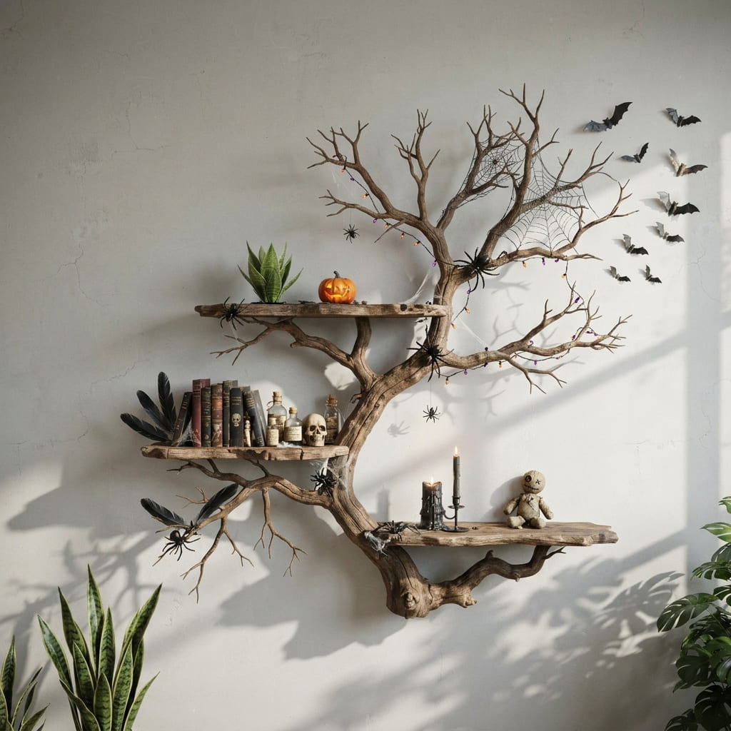 Sculptural tree branch Halloween wall shelf in solid wood
