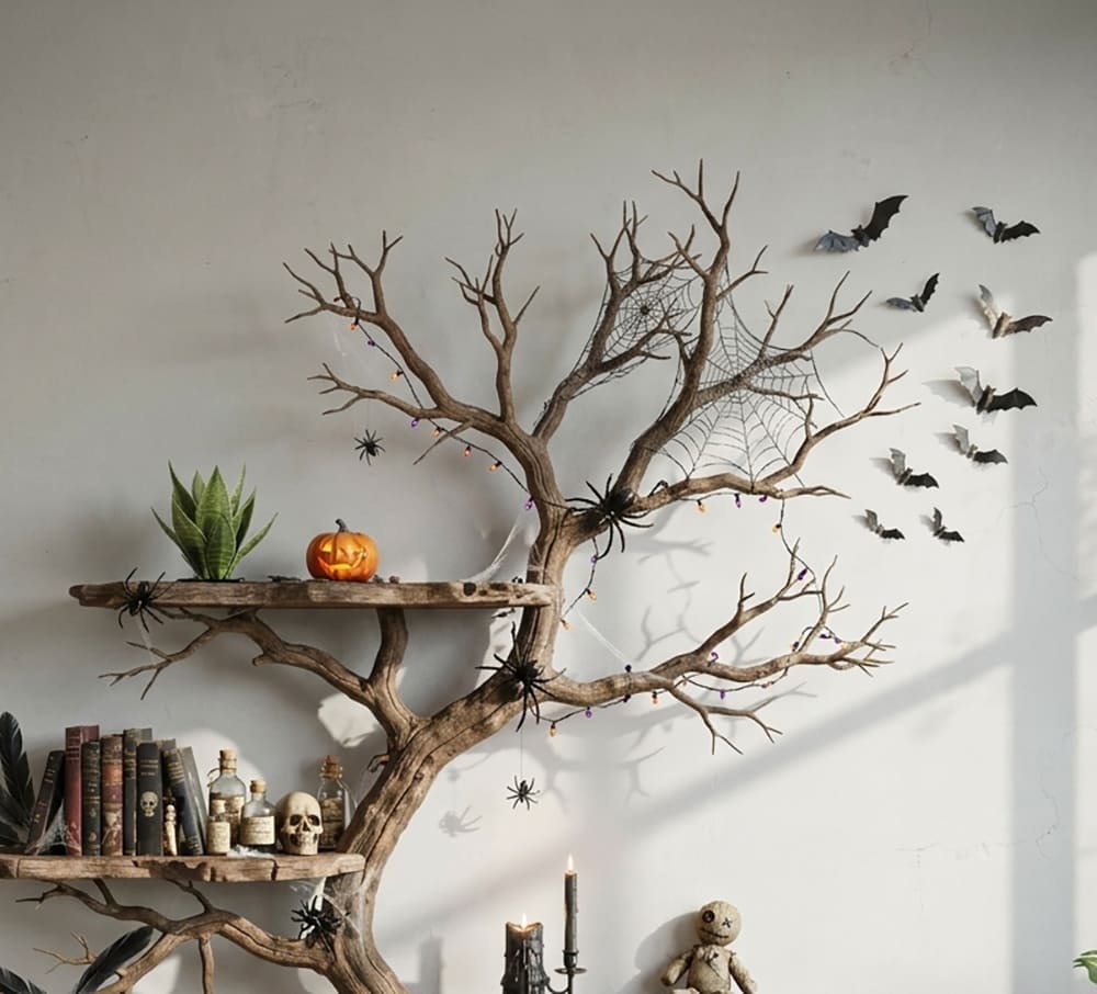 Artisan sculptural wooden display shelf with tree branch design