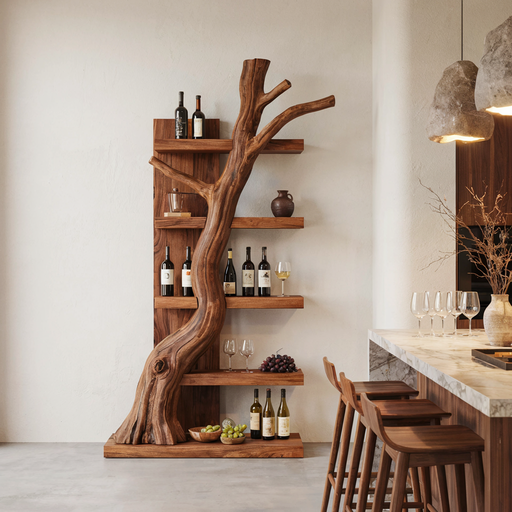 Artisan tree branch wine shelf adding natural elegance to a stylish home bar