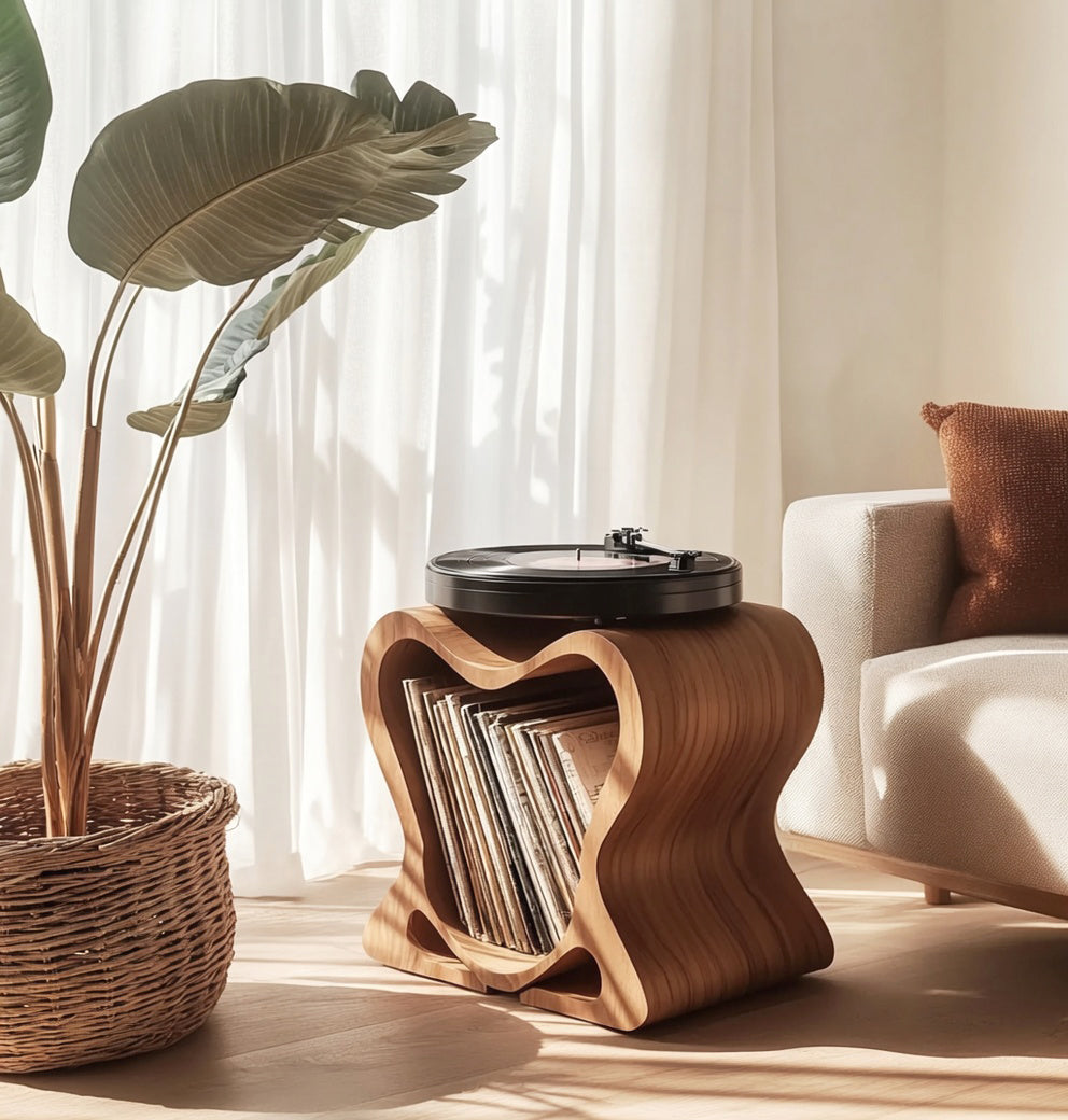 Japandi solid wood record player furniture in a sunlit living room