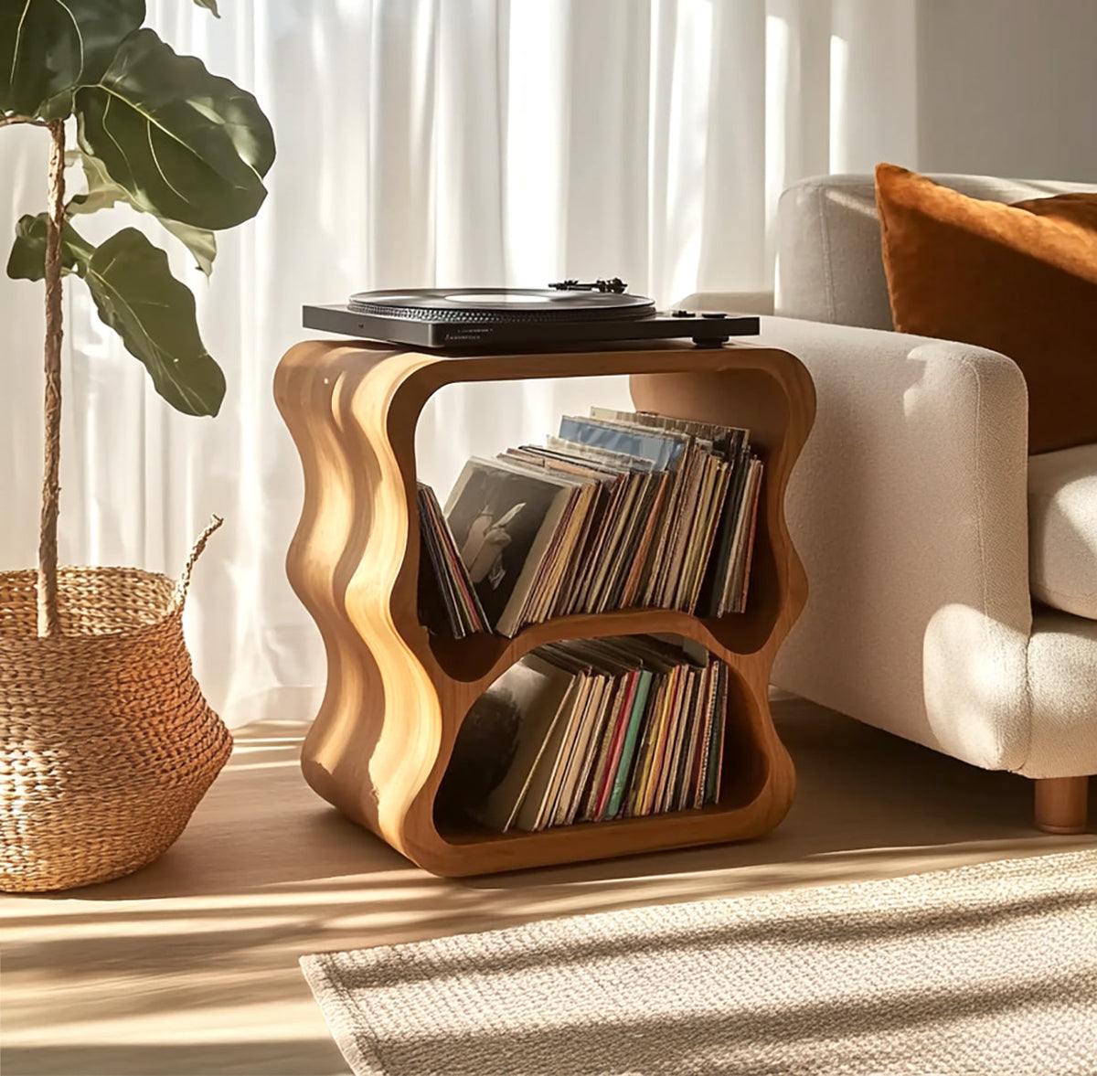 Compact corner record player stand crafted from natural wood placed next to a modern cream sofa