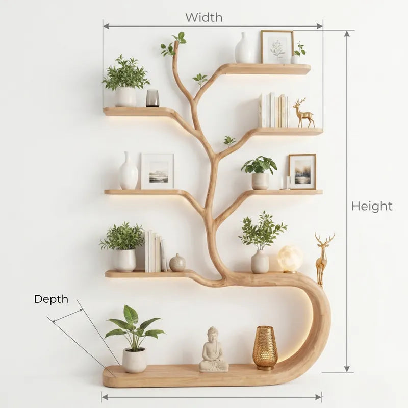 Sculptural Hand-Carved Tree Solid Wood Bookshelf with Sinuous Ribbon Base & Integrated Ambient Lighting