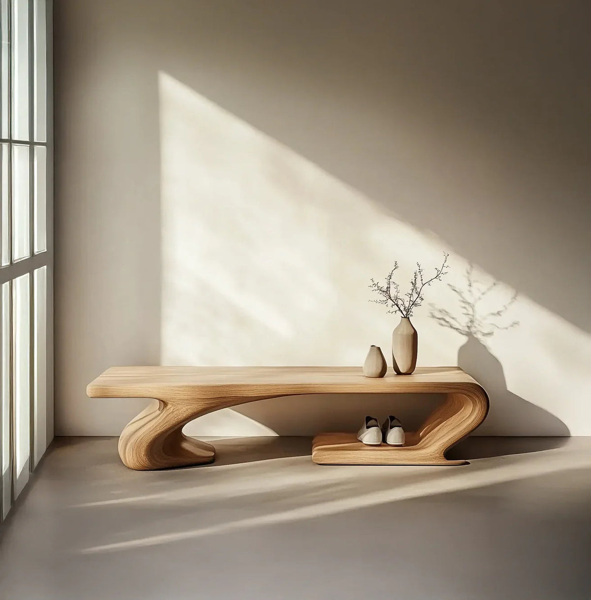 Narrow wooden shoe bench for compact home organization