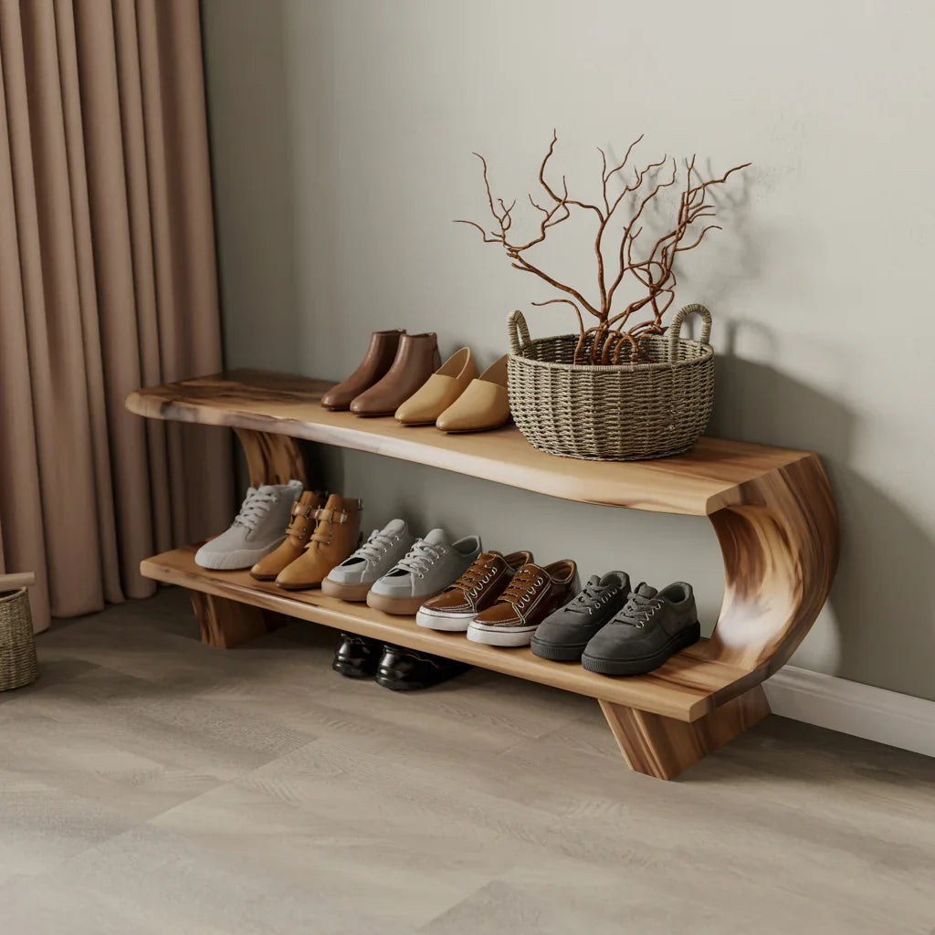 Handcrafted mid century wooden shoe storage bench for entryway