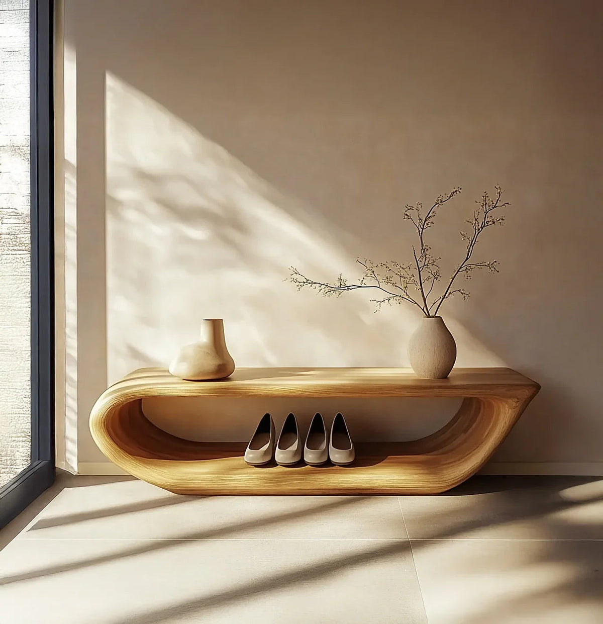 Rustic wooden shoe bench with organic design for foyer