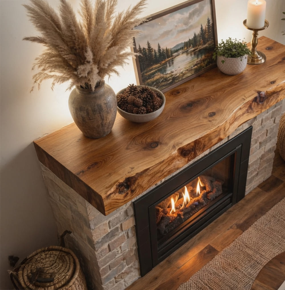 Rustic live-edge wooden fireplace shelf